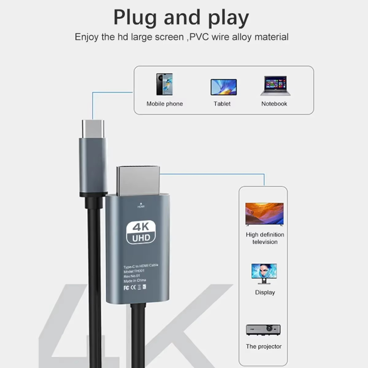 Home Cinema Projector Screen - 4K USB-C to HDMI 60Hz Cable