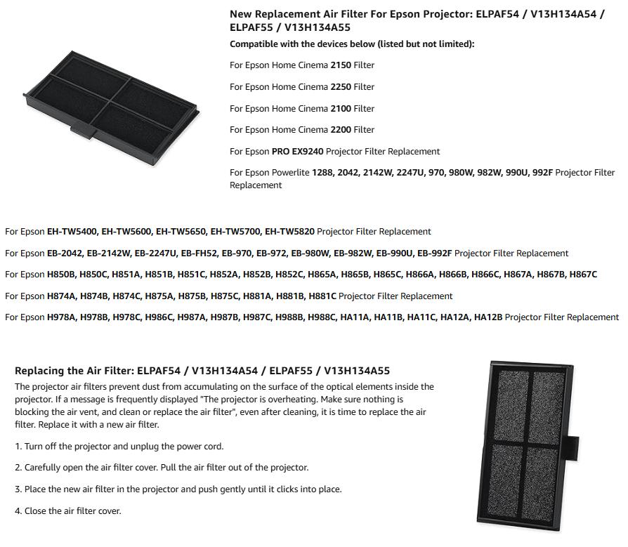 ELPAF54 ELPAF55 Projector Air  - Home Cinema Epson 2150 评论和价格
